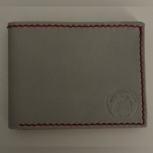 Gray and Red Leather Thin Bifold Wallet with Embossed Logo